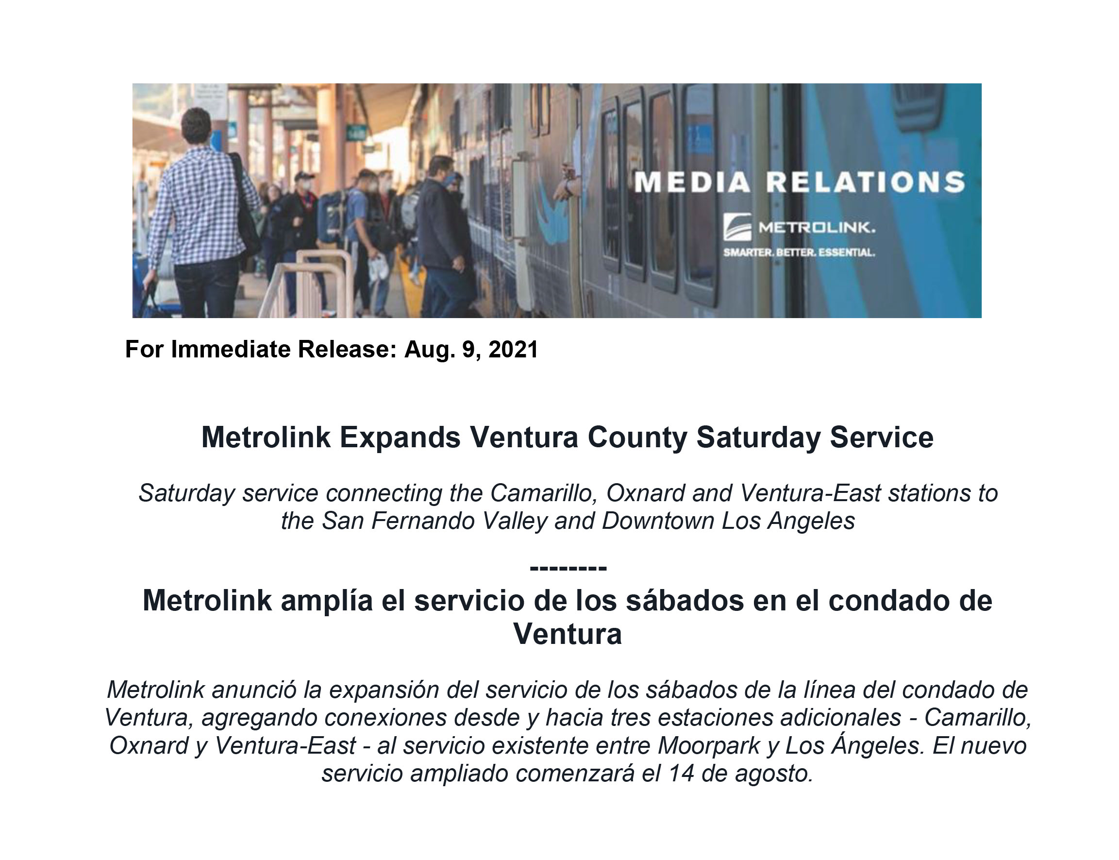 Metrolink Expands Ventura County Saturday Service