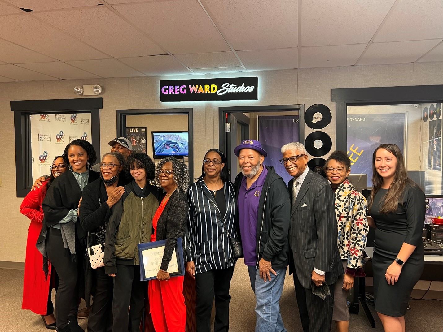 Supervisor Lopez with members of the Ward Family at the grand opening of the Greg Ward Studios at 99Three FM, one of four black owned radio stations in the State of California.